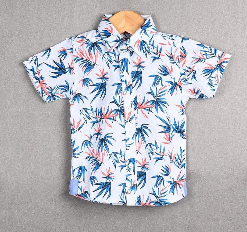 Baby boy white leaf print half sleeve shirt