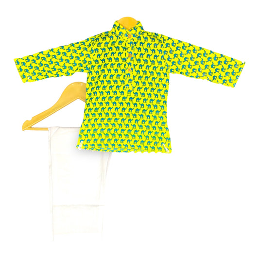 Stylish Chartreuse Yellow Kurta Pajama with Blue Camel Print for Kids