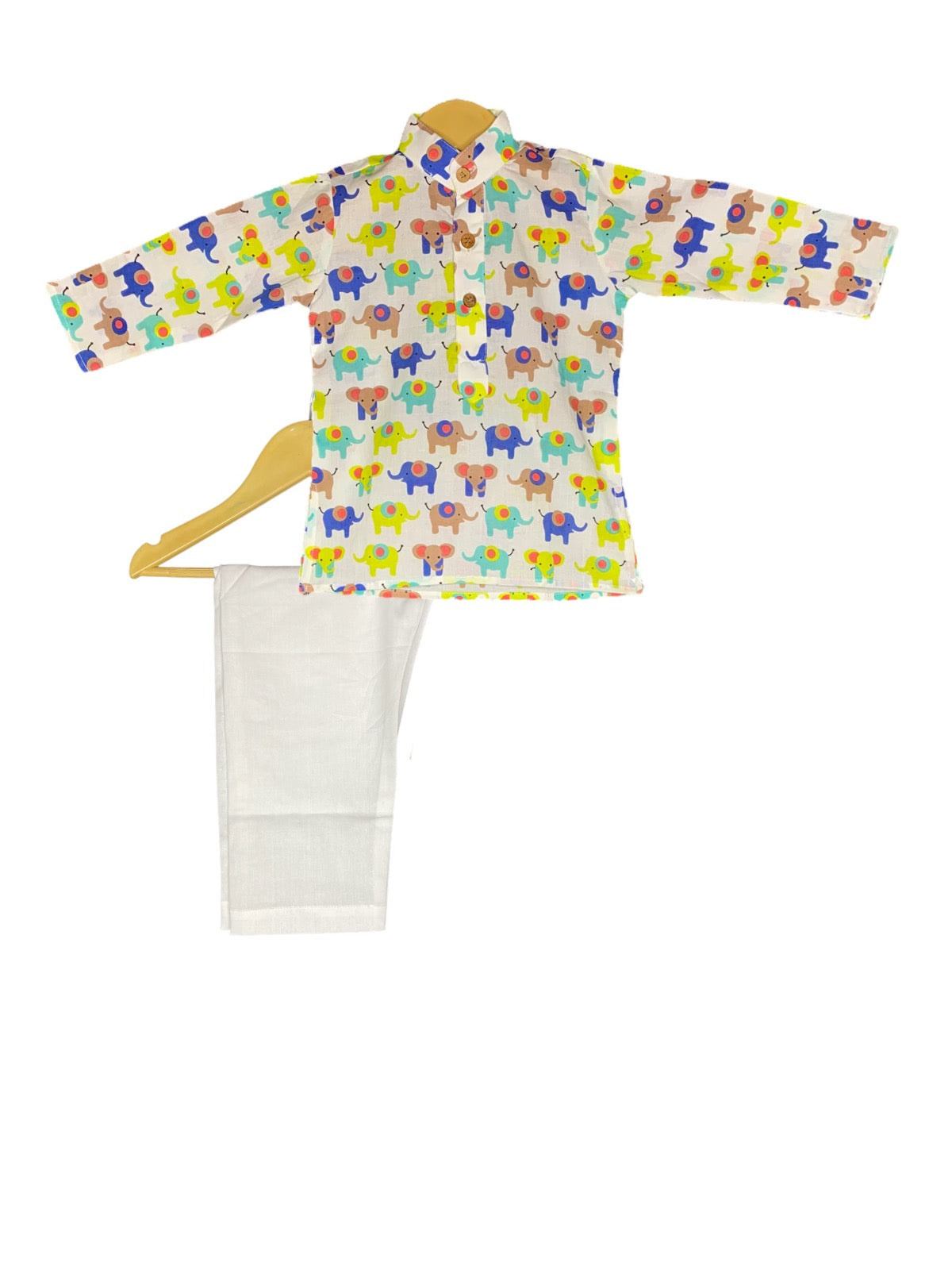 Colorful White Kurta Pajama with Yellow and Blue Elephant Print for a Playful Look