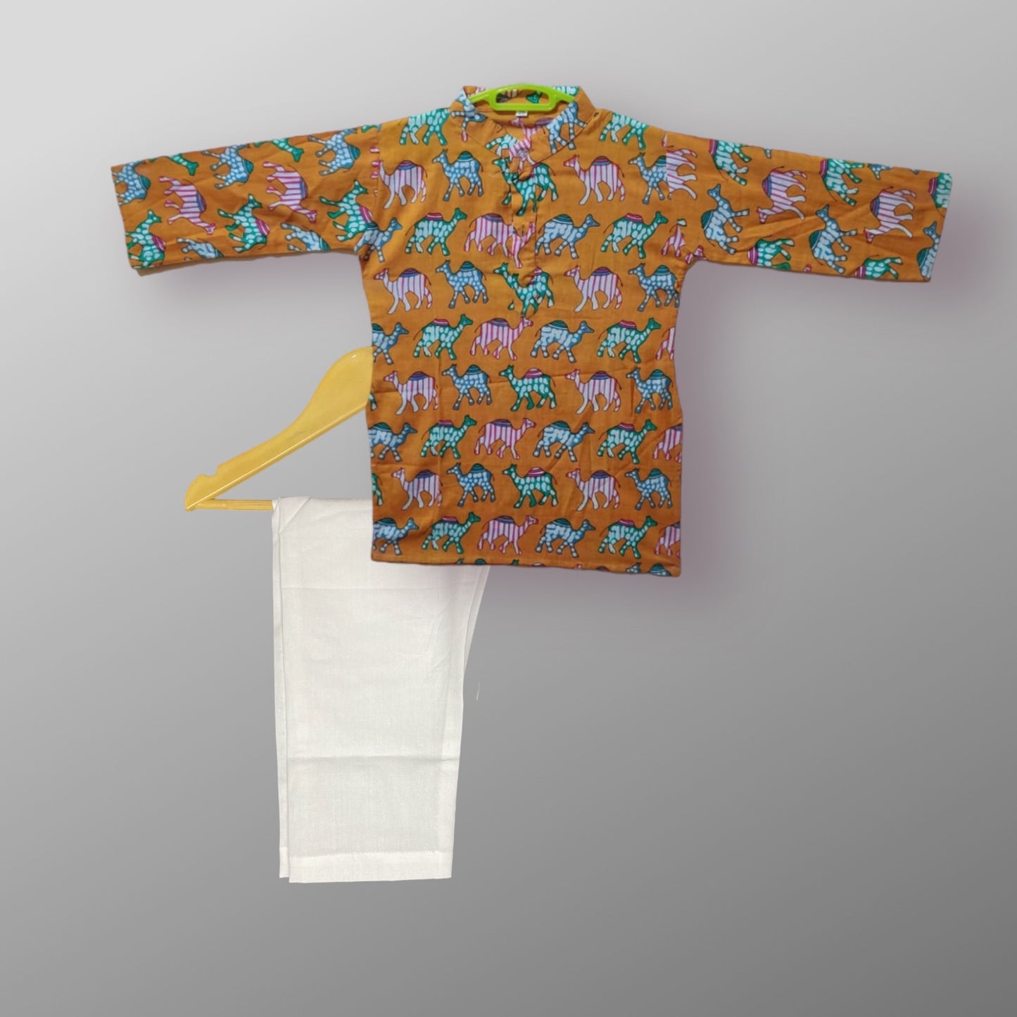 Yellow colour Camel printed kurta set for boys