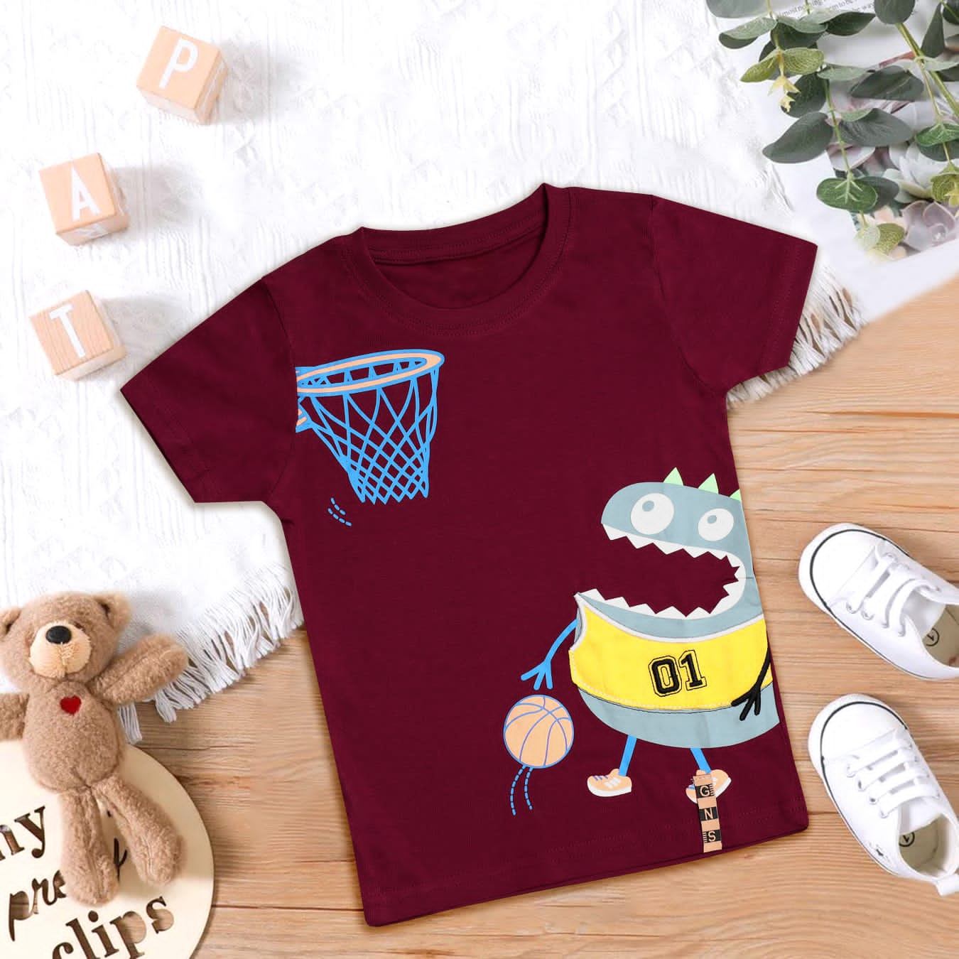 Monster Print Maroon Color T-Shirt for Boys