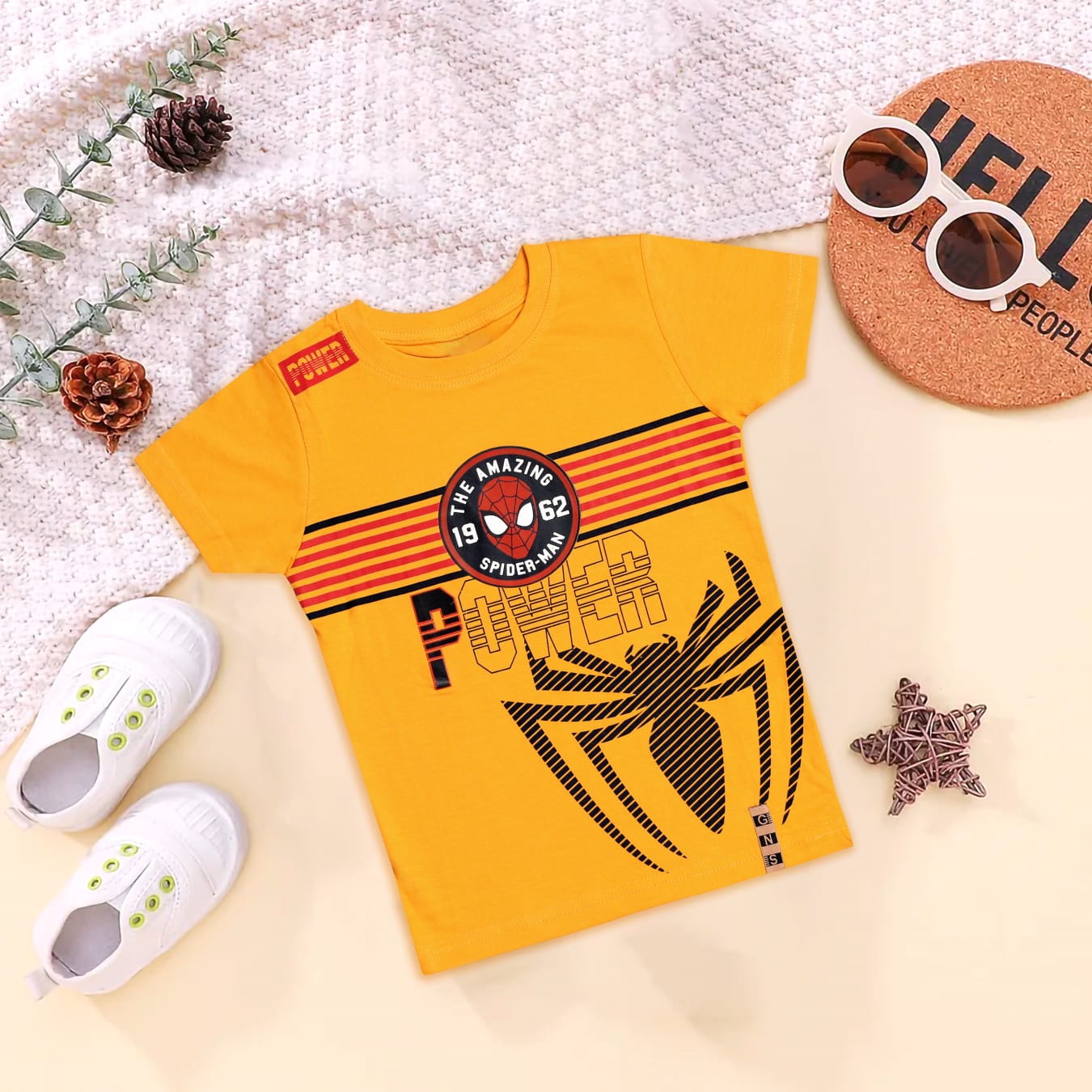 Boys Yellow Color Spider Power Print T-Shirt