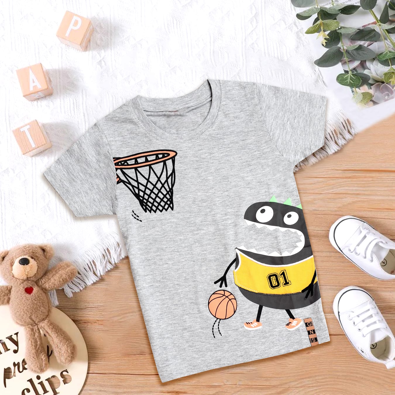 Monster Print Grey Color T-Shirt for Boys