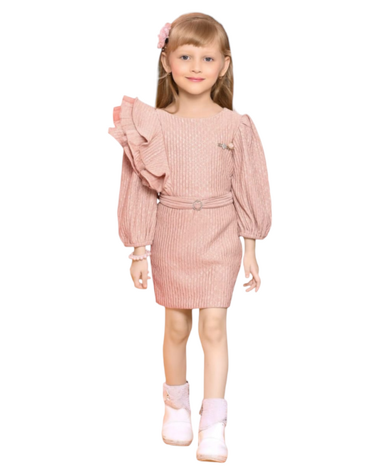 Peach Party Wear Dress With Ribbon For Girls