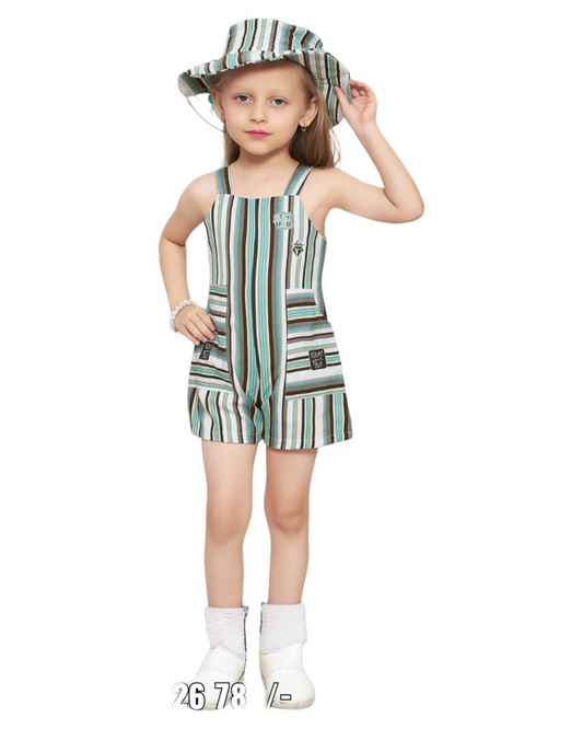 Green Vertical Line Jumper With Hat For Girls