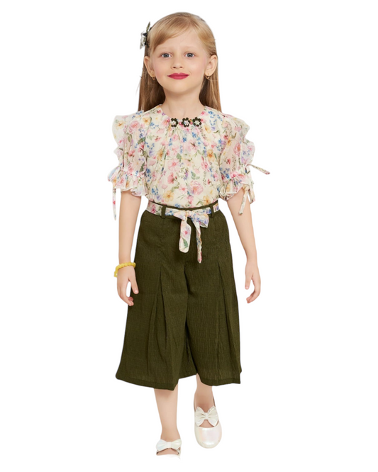 Green Trouser and Floral Top For Girls