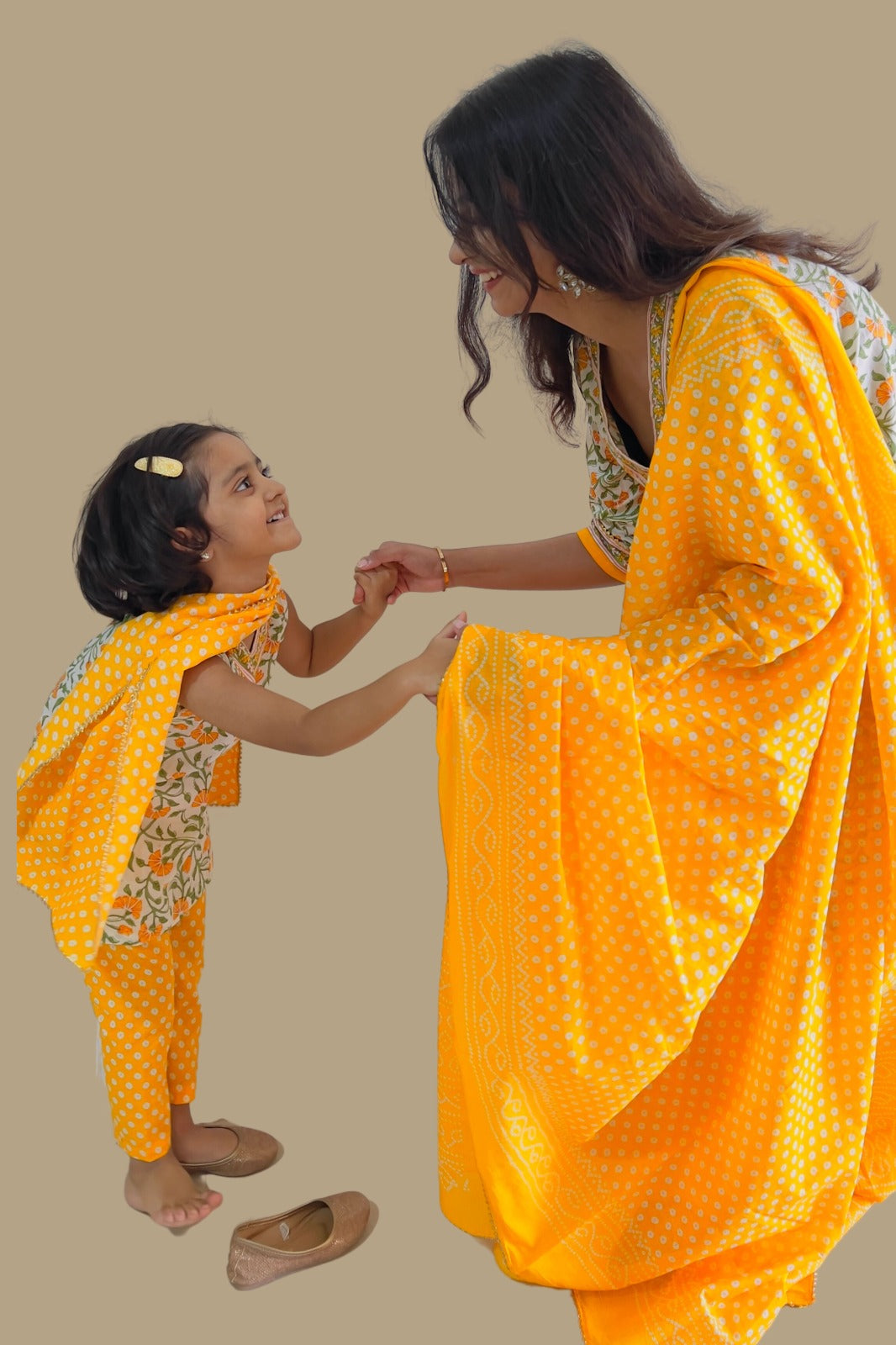 Mom and Me Twining Set, Yellow Kurta Set in Pure Cotton with Bandhani Dupattaa