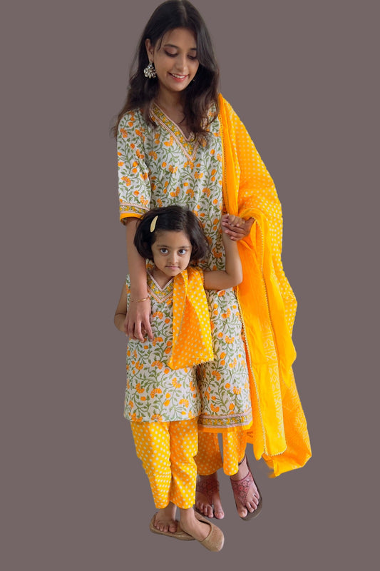 Mom and Me Twining Set, Yellow Kurta Set in Pure Cotton with Bandhani Dupattaa
