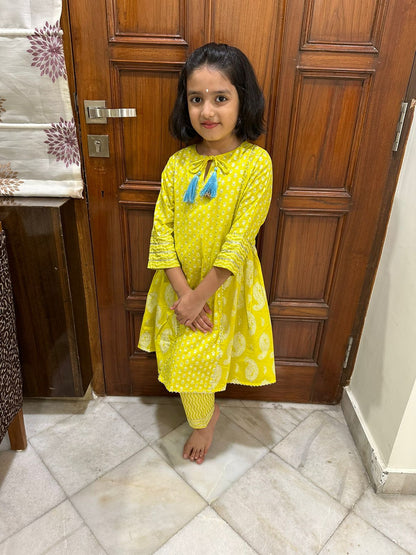 Girls Lemon green kurti with gottapatti work