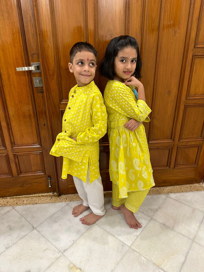 Lemon green kurta pajama with jacket