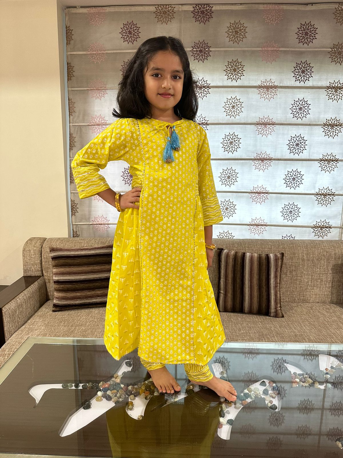 Girls Lemon green kurti with gottapatti work