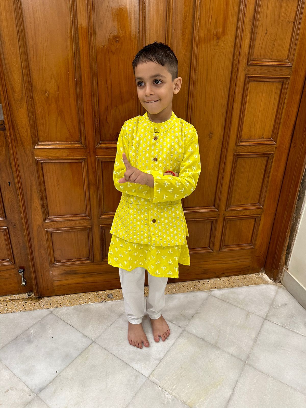 Lemon green kurta pajama with jacket