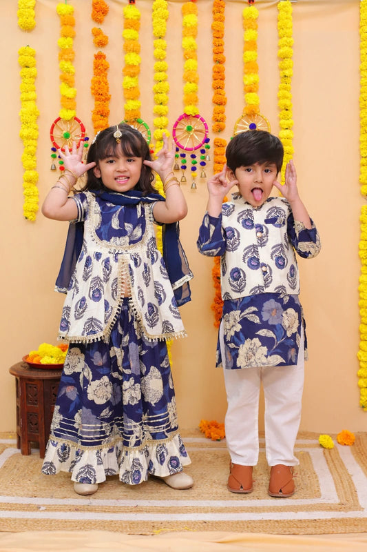 Blue white floral feather print cotton kurta pajama set with jacket