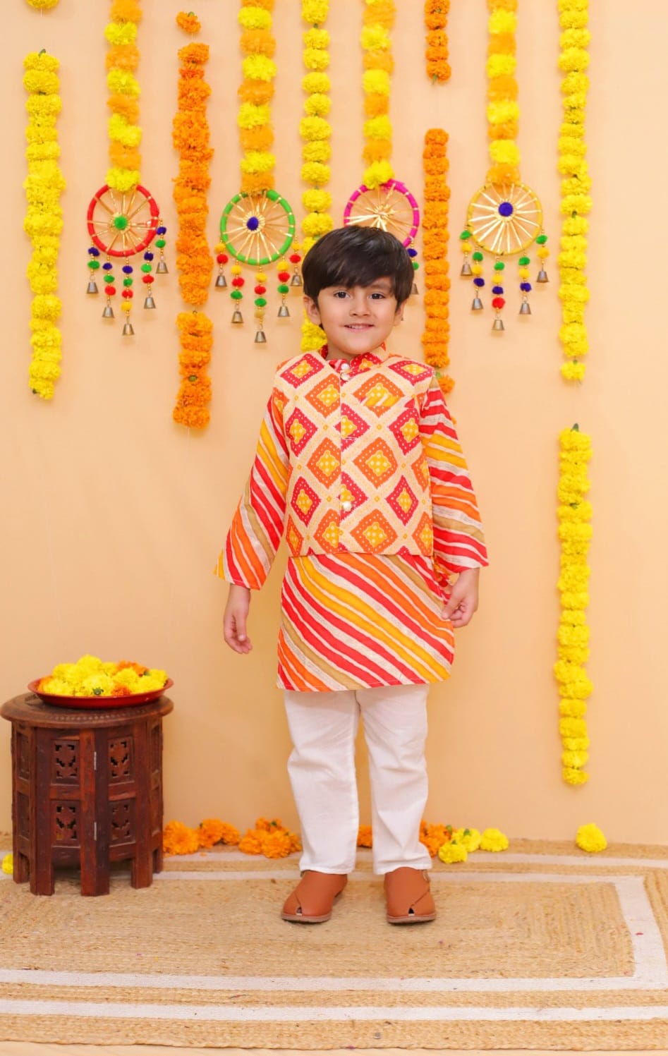 Orange and Yellow pattern print cotton kurta pajama set with jacket