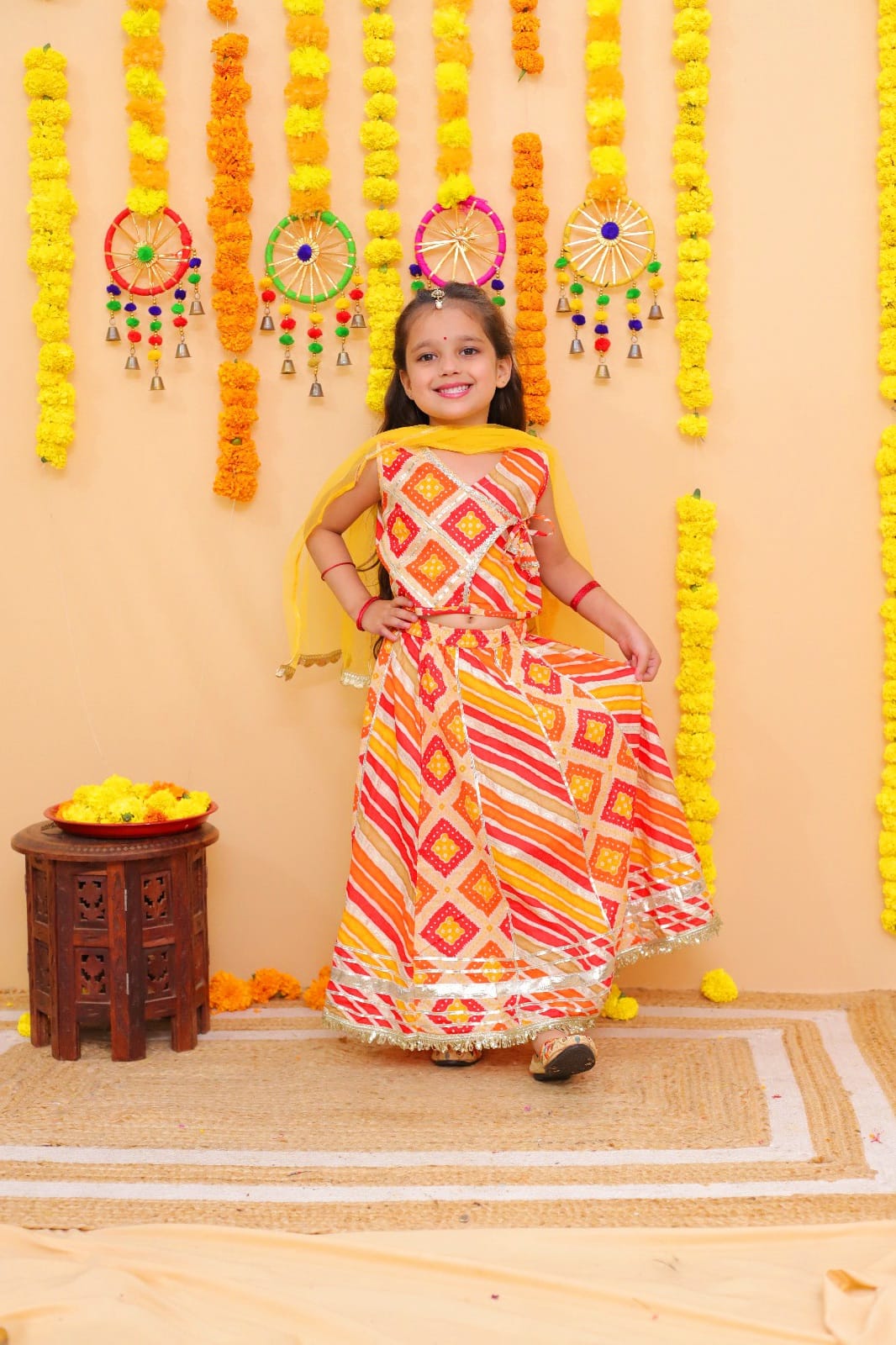 Three Fourth Sleeves, Block Pattern Print Gota Lace Work  Lehenga-Choli With Duppata orange