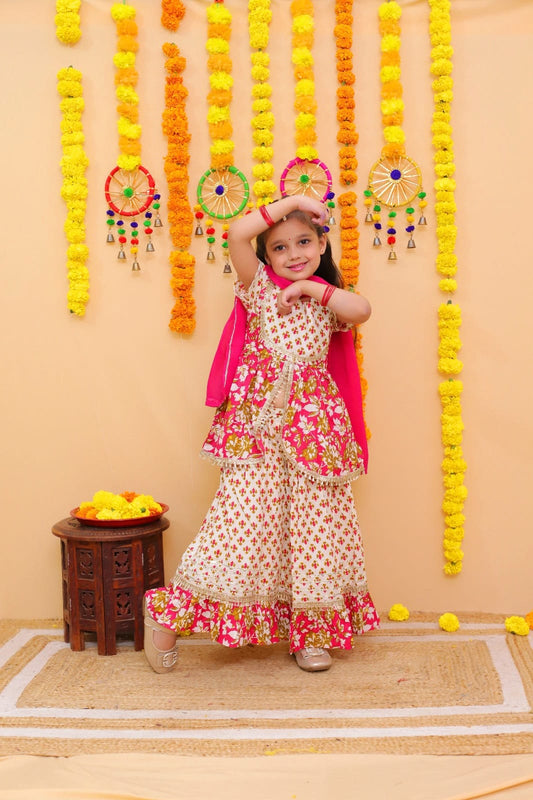 Pink and beige cotton lehenga set with dupatta