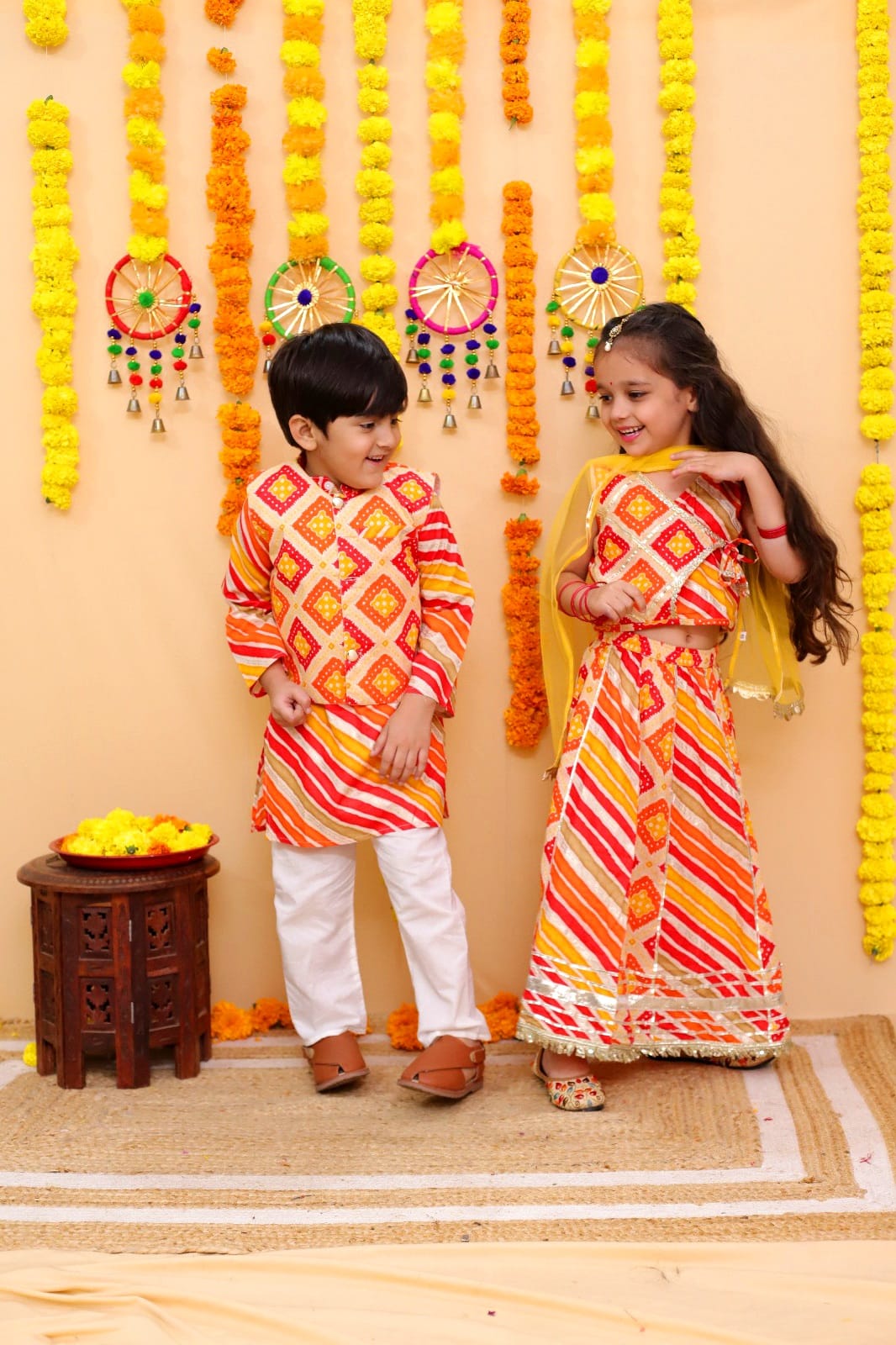 Orange and Yellow pattern print cotton kurta pajama set with jacket