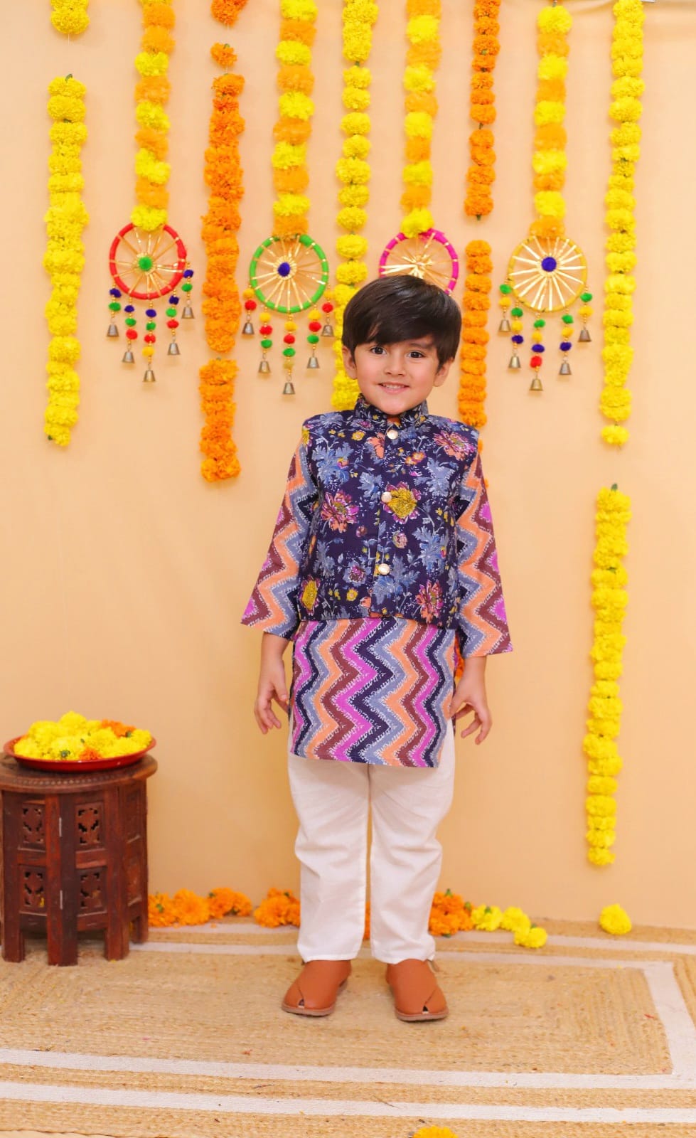 Dark Blue floral print cotton kurta pajama set with jacket