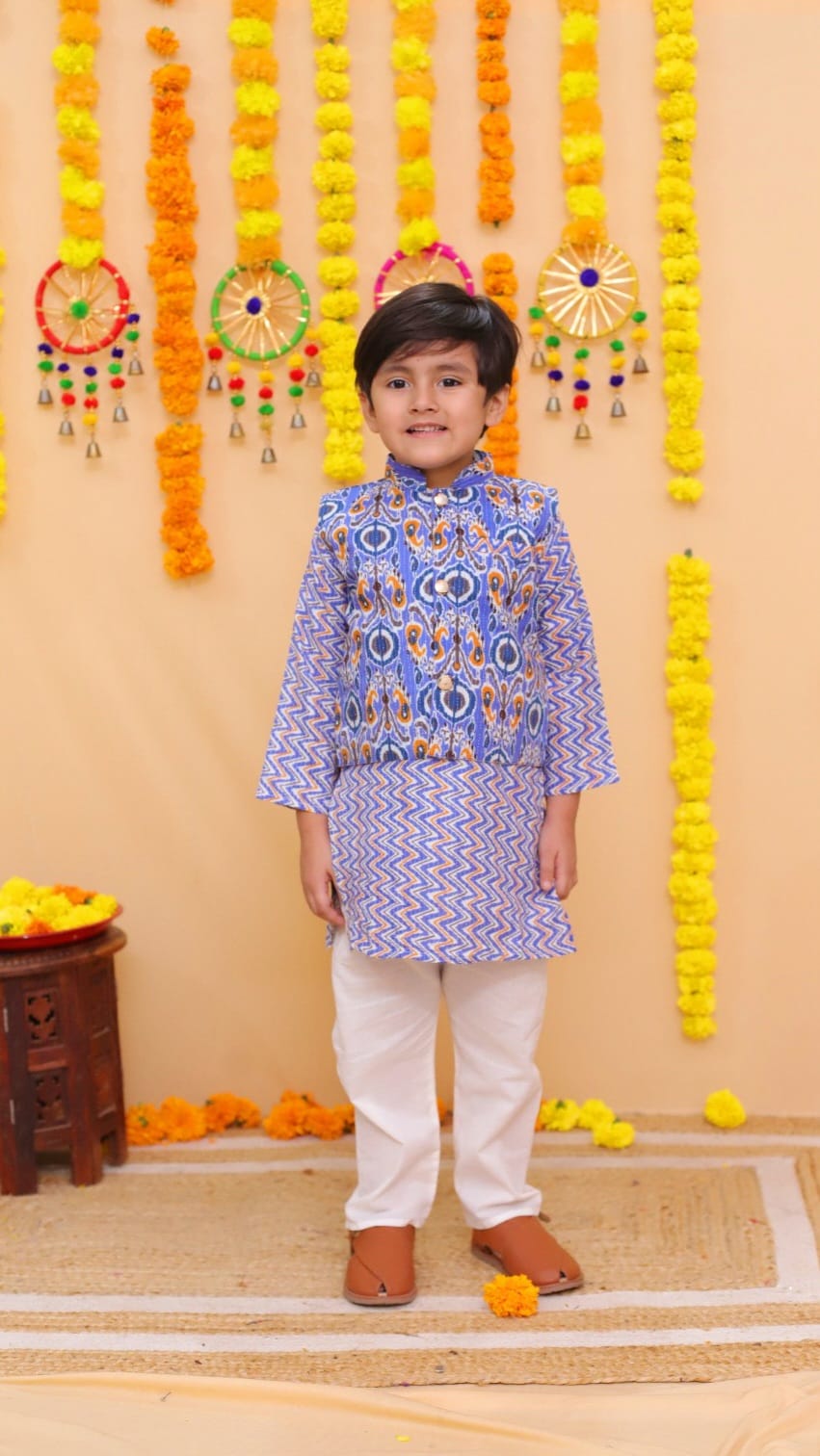 Blue peacock feather print cotton kurta pajama set with jacket