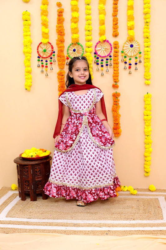 Maroon floral print cotton lehenga set with dupatta