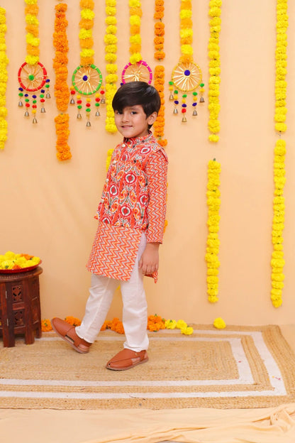 Orange peacock feather print cotton kurta pajama set with jacket