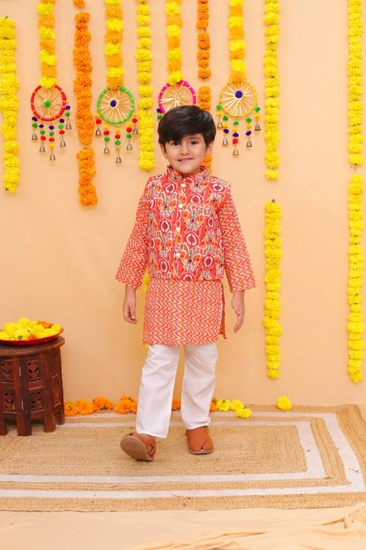 Orange peacock feather print cotton kurta pajama set with jacket