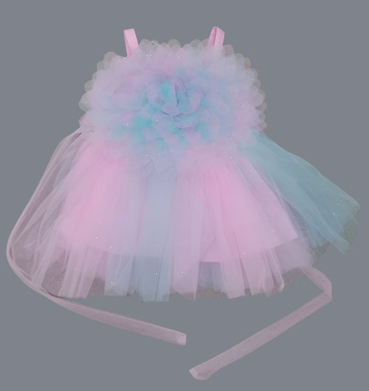 Pink and blue Color Frock with Big Flowery Pattern