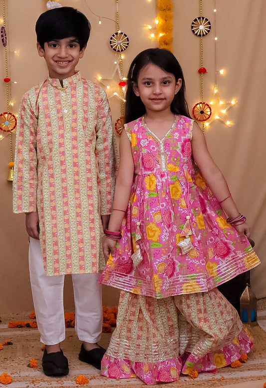 Pink & Green Color Kurta Pajama