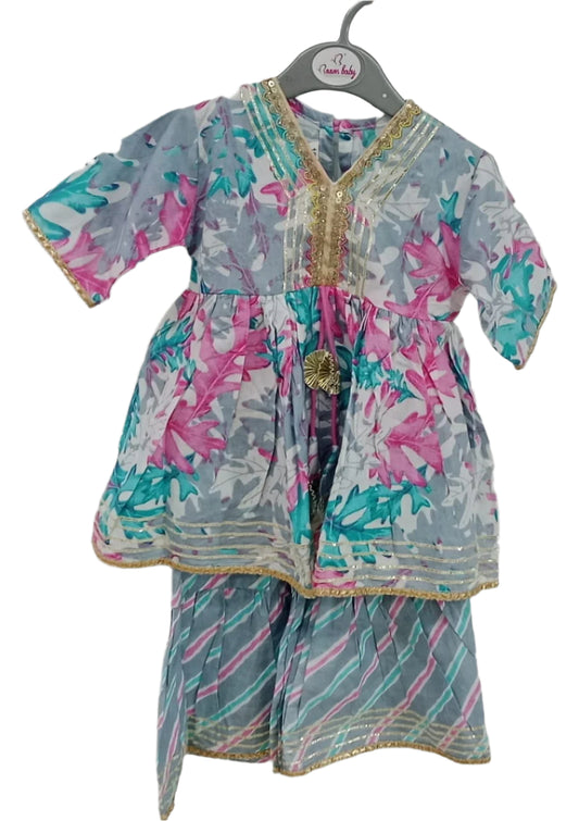 Pink & Grey Color Floral Sharara Set