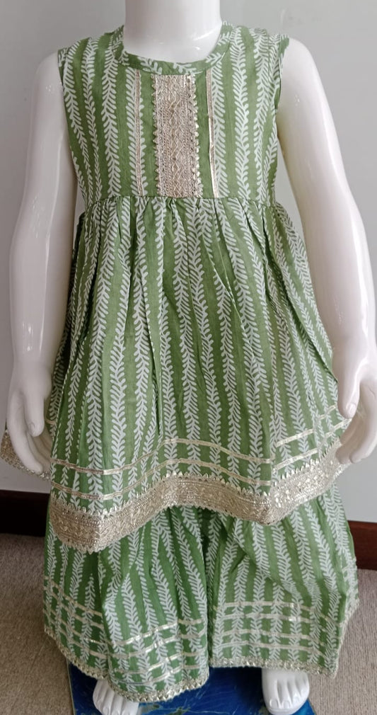Olive Green and White stripe Sharara set