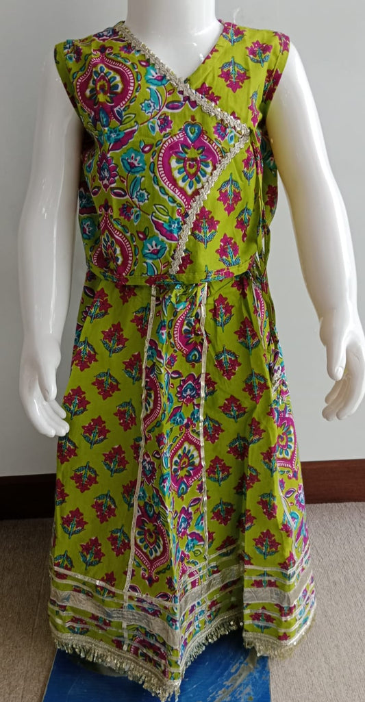 Green and Purple Ghagra Choli set with floral and paisley prints