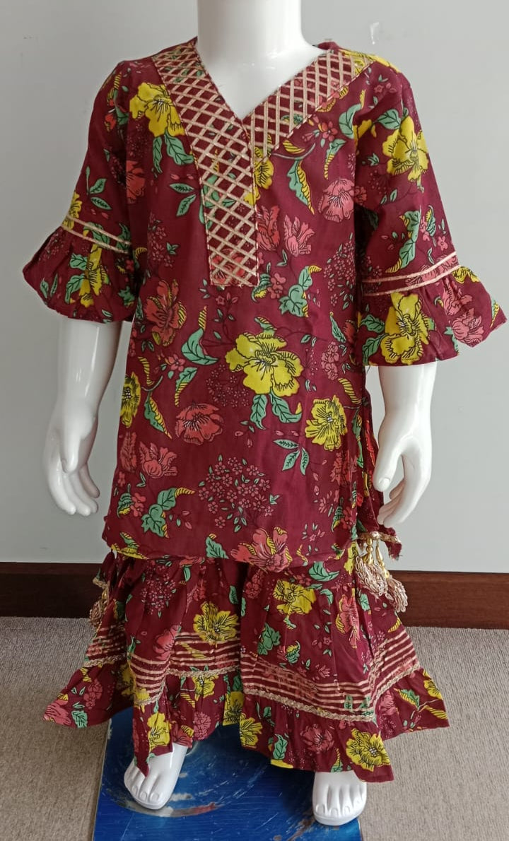 Maroon Color Floral Patterned Sharara Set with Gotapatti Work