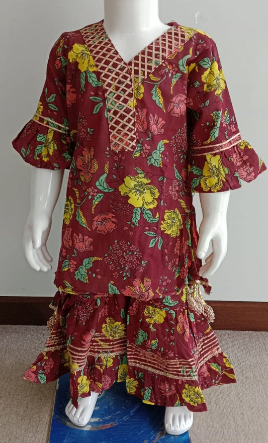 Maroon Color Floral Patterned Sharara Set with Gotapatti Work
