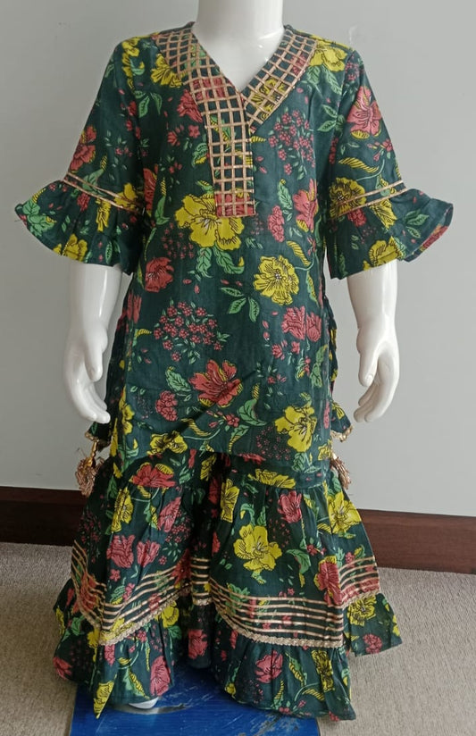 Dark Green Floral Patterned Sharara Set with Gotapatti Work
