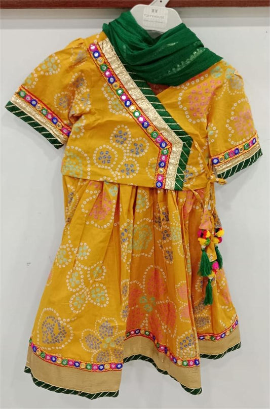 Yellow Angarekha Blouse with Bhandej Lehenga