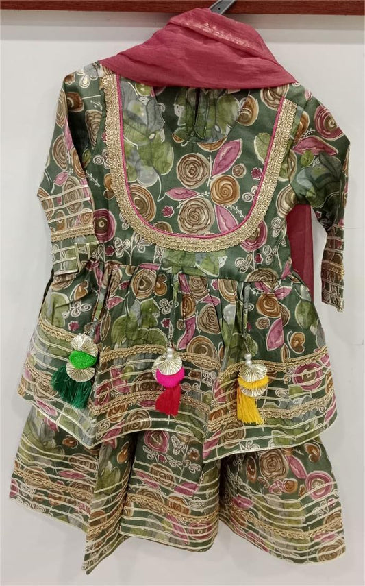 Olive Green Sharara Set with Brown Shawl
