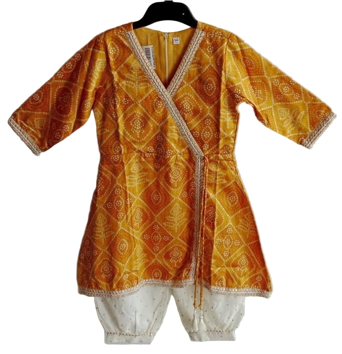 Yellow color muslin kurti pant for girls