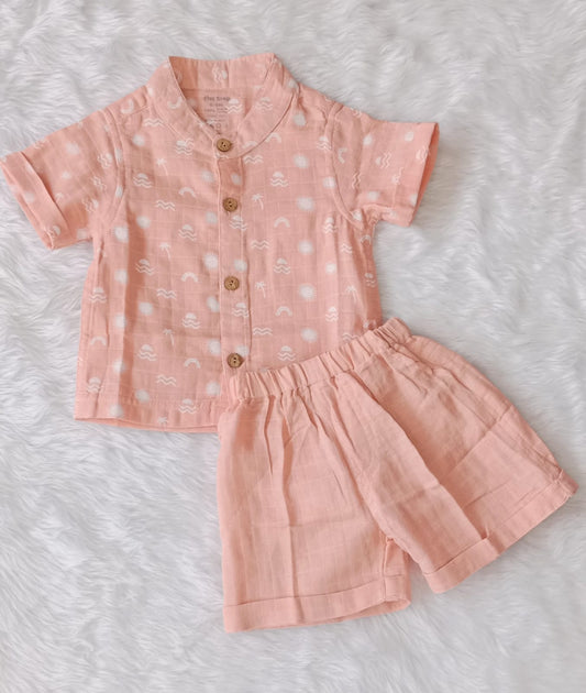 Muslin Peach suit set for boys with half sleeves