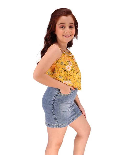Yellow floral top with denim skirt
