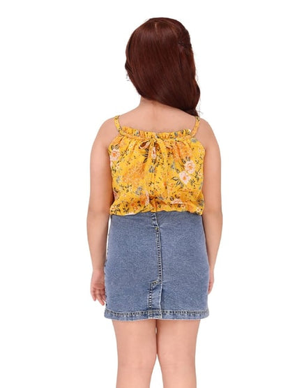 Yellow floral top with denim skirt