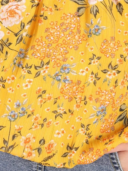 Yellow floral top with denim skirt