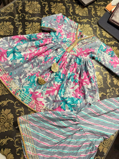 Pink & Grey Color Floral Sharara Set