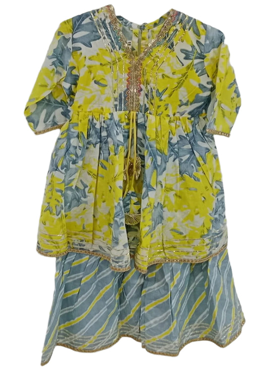 Yellow & Grey  Color Floral Sharara Set