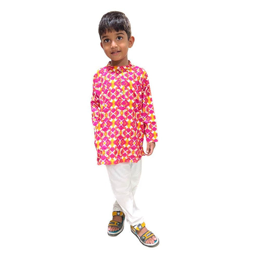 Pink printed kurta pyjama for boys