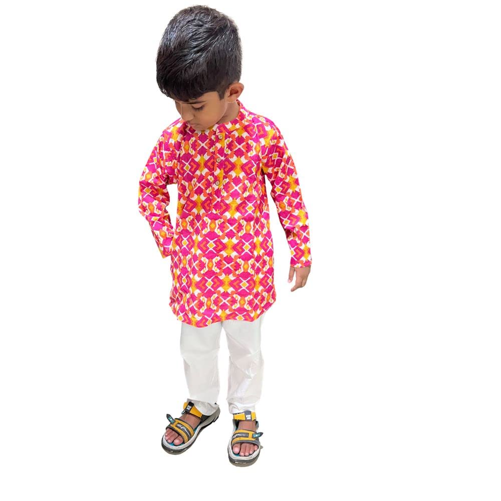 Pink printed kurta pyjama for boys