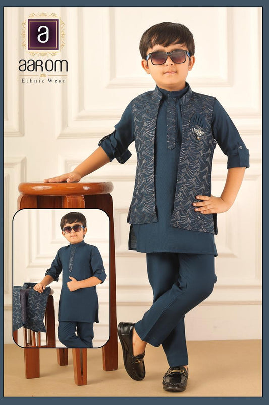 Aarom Blue Sequin Opne Jacket Kurta Pajama set