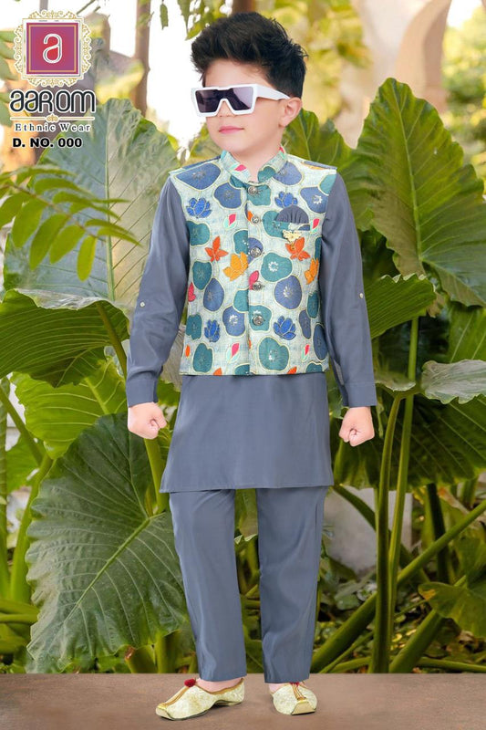 Aarom Blue Floral Print Jacket Kurta Pajama set
