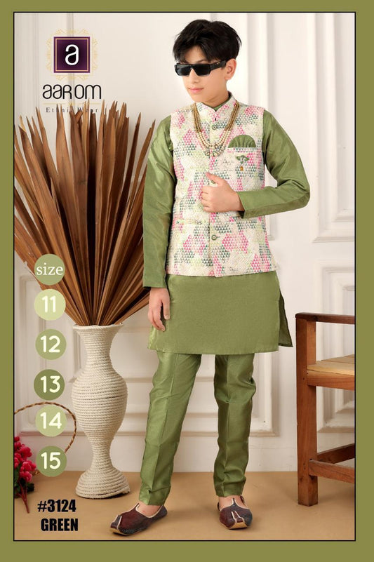 Aarom Big Boys Green Jacket Kurta Pajama set