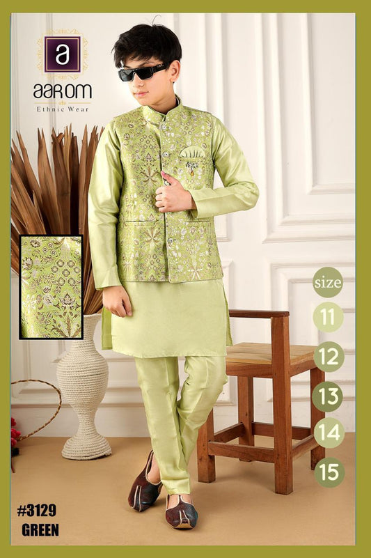 Aarom Big Boys Green Jacket Kurta Pajama set