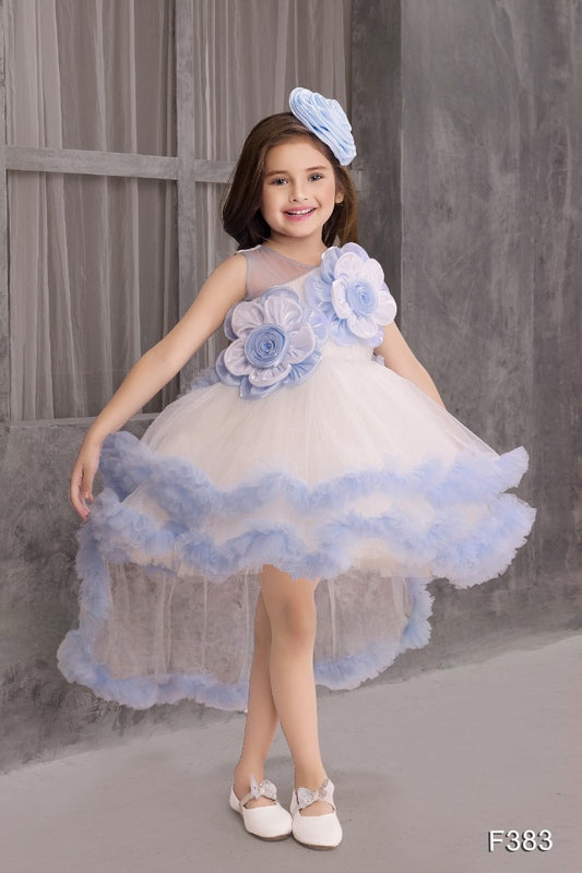 Sleeveless Blue Frock With Floral Emblishments